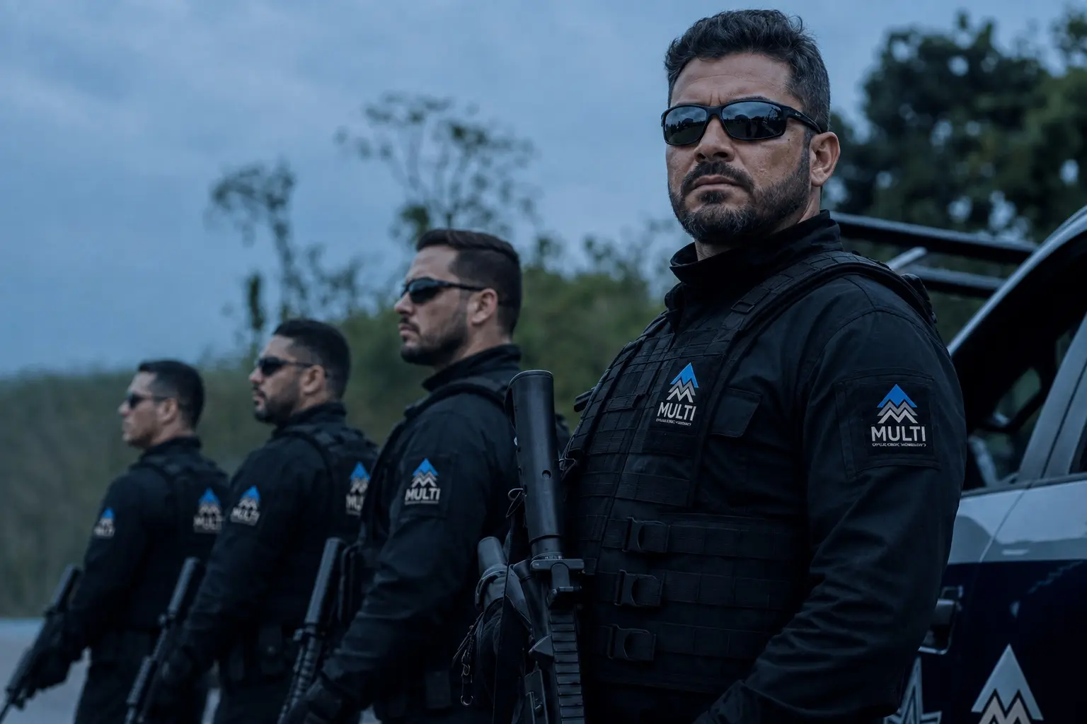 Equipe de segurança privada uniformizada com a marca da Multi ao lado da viatura