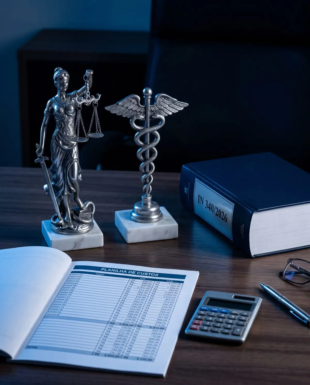 Mesa de trabalho com estátua da Justiça, o volume da IN 340/2026 e uma planilha de custos