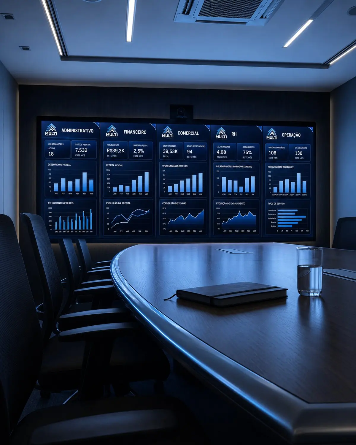 Sala de reunião da Multi com o painel de Administrativo, Financeiro, Comercial, RH e Operação nas telas