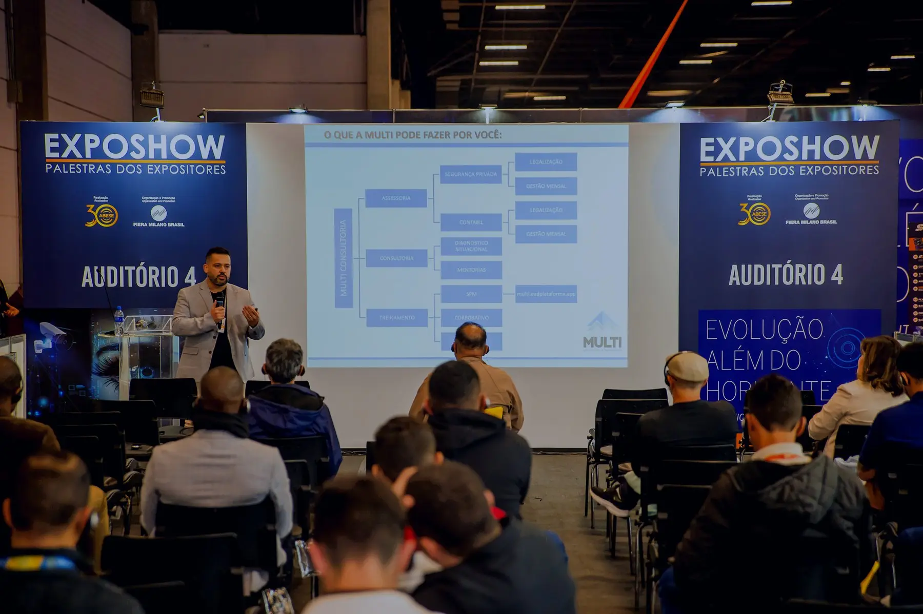 Diego Ferreira palestrando no Exposhow para um auditório cheio, com as frentes de atuação da Multi projetadas na tela